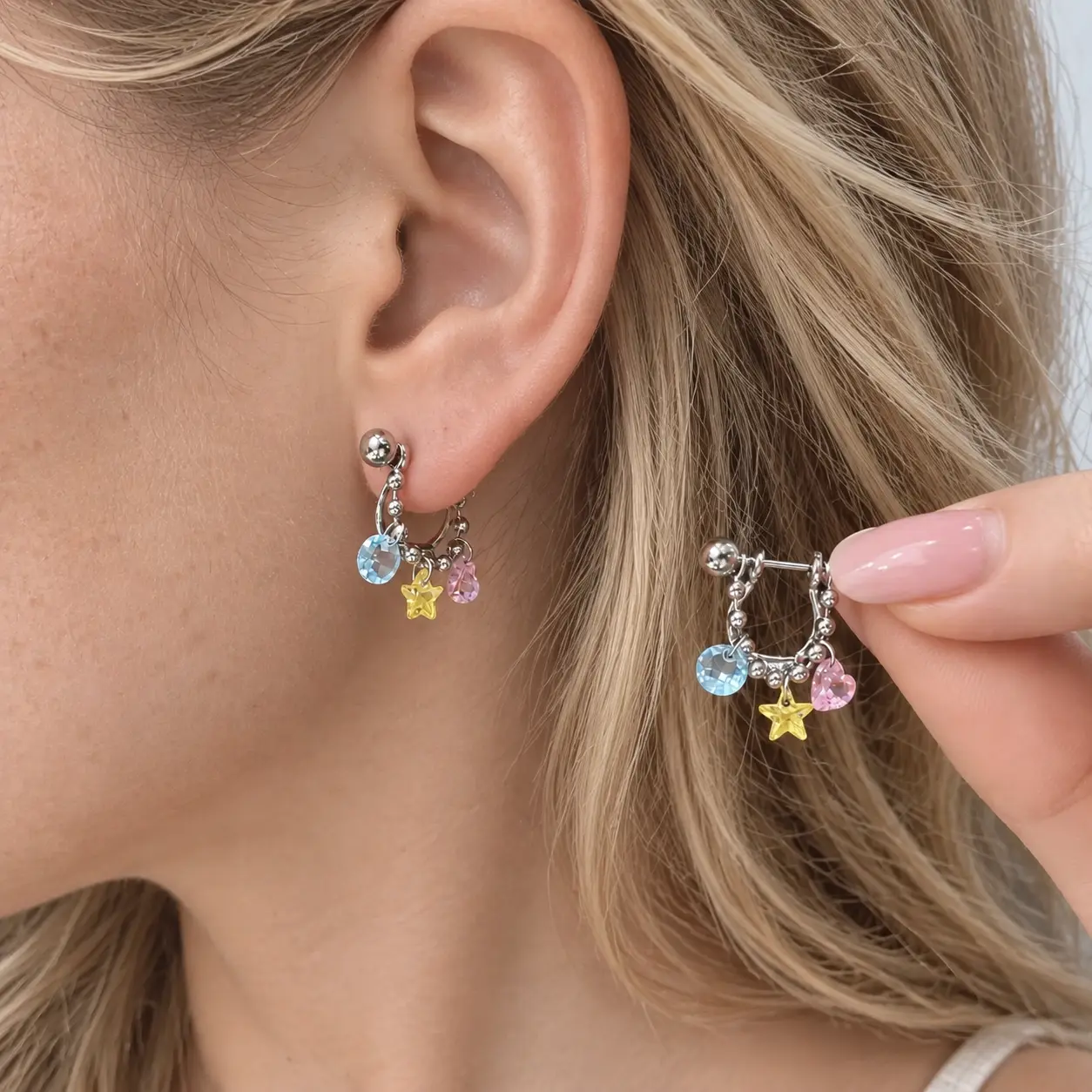 Women’s Sparkling Star & Pink Heart Charm Beaded D-Shaped Hoop Earrings - Stacking Cartilage Piercing Jewelry, Y2K Dopamine Everyday Accessory, Back to School & Birthday Gift