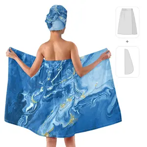 1pc/2pcs blue gold marble print, dry hair hat and bath skirt set, high-end bathing artifact, 100% polyester material, suitable for women, after bathing, water-absorbing hair wrap in spa and swimming pool, give her luxurious gifts