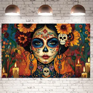 Vibrant Sugar Skull Wall Tapestry, Colorful Floral Skull Art for Boho, Gothic, Bedroom, Dorm, and Party Room Decoration