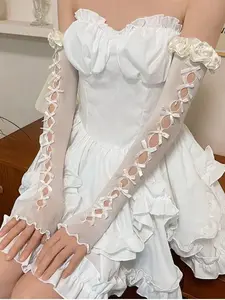 Women's Sexy Hollow Out Satin Bow Lace Gloves, Lolita Style Thin Sun Protection Arm Sleeves, Summer Fingerless Sunscreen Mittens Fitted