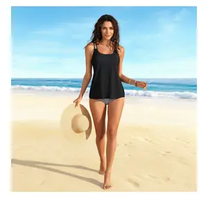 Tankini Swimsuit for Women Black and White Stripe - Flowy Top Bathing Suit Set - Modest Swimwear for Beach Vacation - Adjustable Halter Two Piece Swimsuit