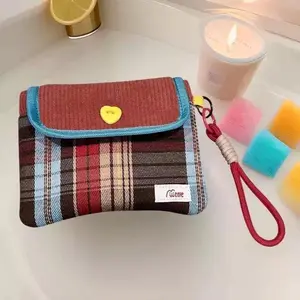 Checkered Corduroy Zipper Pouch | Cute Multi-Pocket Portable Organizer Bag