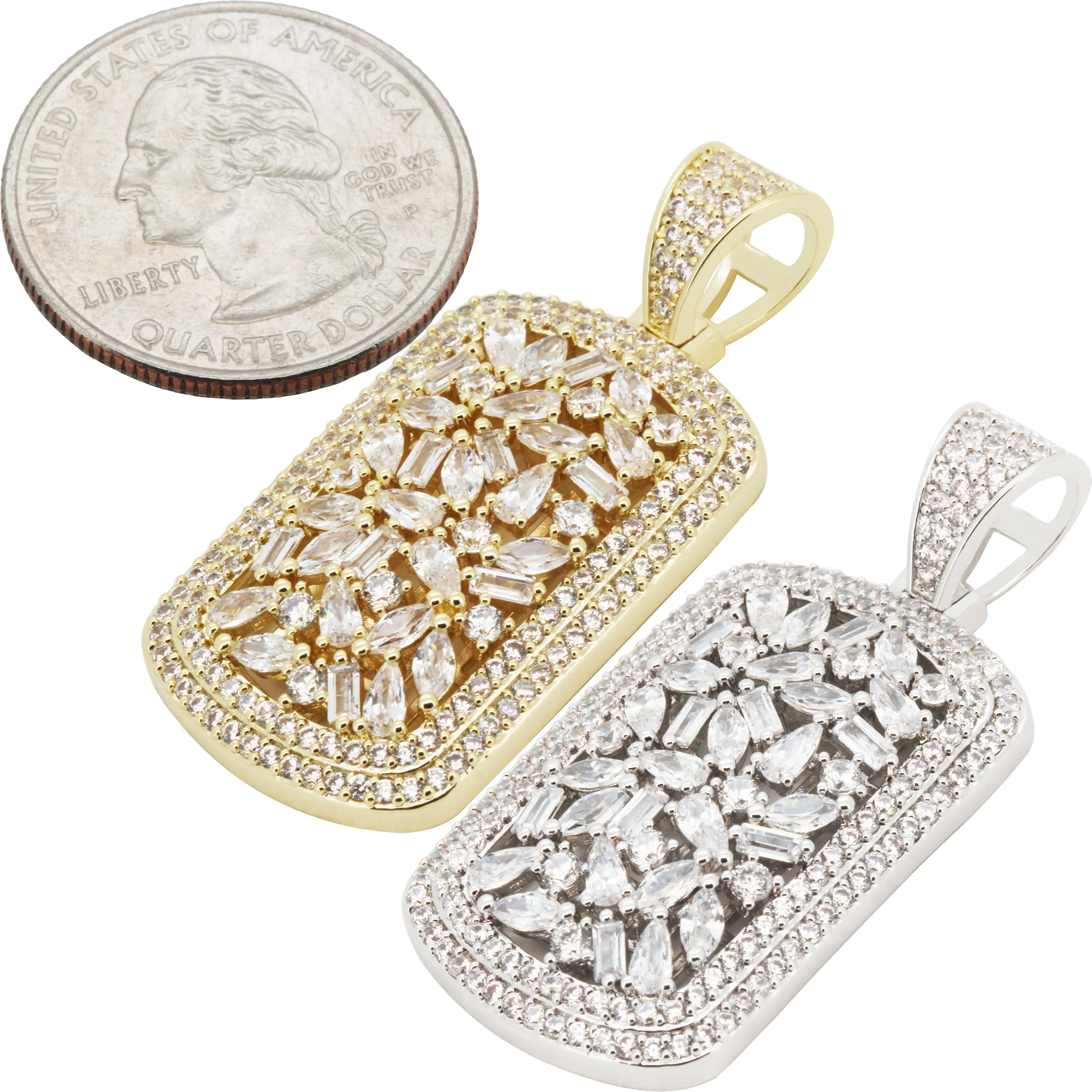 14k Yellow/White Gold Plated AAA Cubic Zirconia Cluster Dog Tag Pendant
