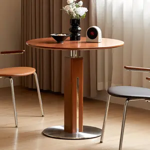 YESWOOD 27.6’’ Small Round Dining Table for 2-3, Solid Wood Circle Kitchen Table with Steel Base, Mid Century Modern Dining Table for Dining Room, Living Room, Coffee, Pub, Teak breakfast