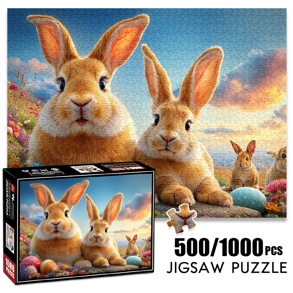 1pc 1000 piece adult puzzle 70x50cm Cute Rabbits with Colorful Easter Eggs in Flower - Filled Landscape 500 pieces paper jigsaw puzzle suitable for DIY creative games for adults and families, birth