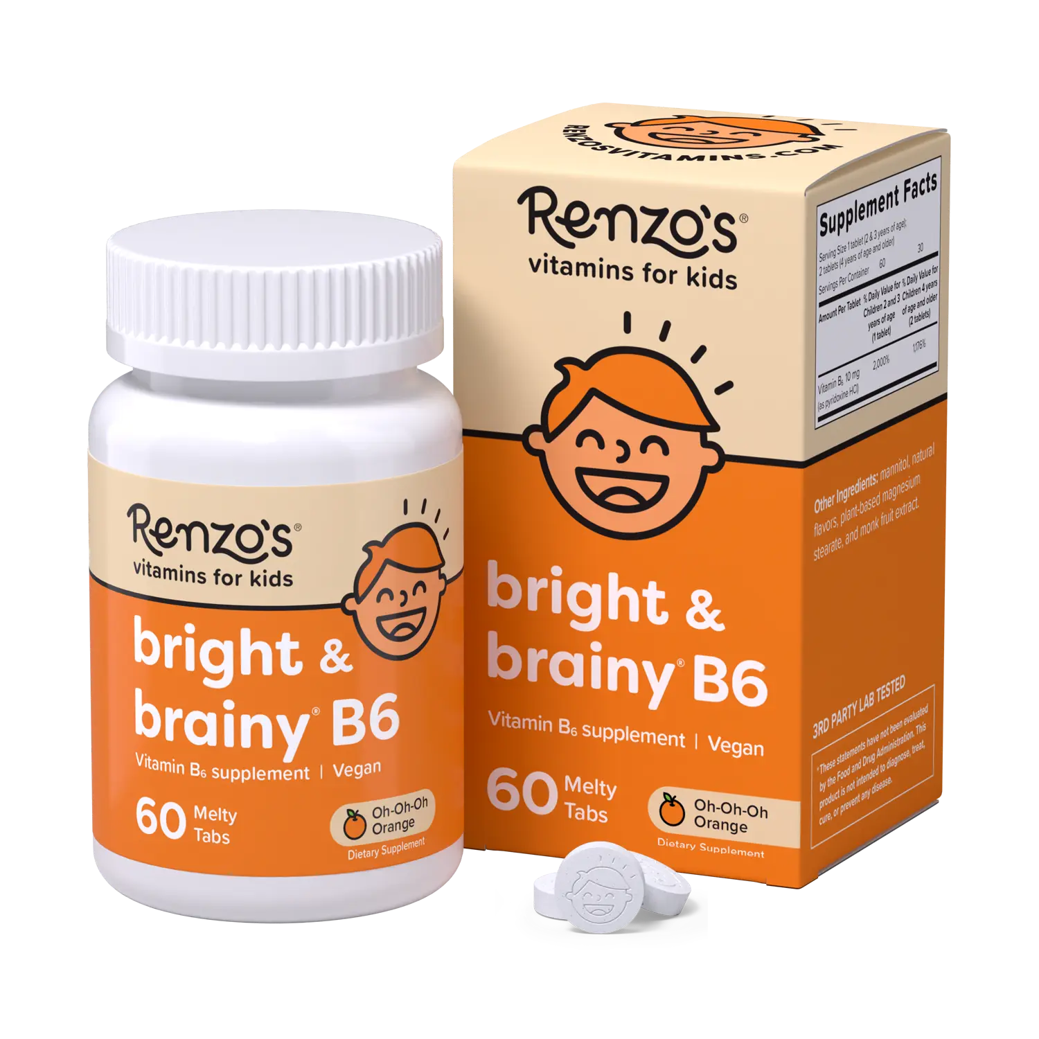Renzo's Vitamins Bright & Brainy B6 Brain Supporting Supplement - Vegan, Lactose-Free Kids' Brain Health Tablet Dietary Supplement, 60 Melty Tabs by Solara Labs