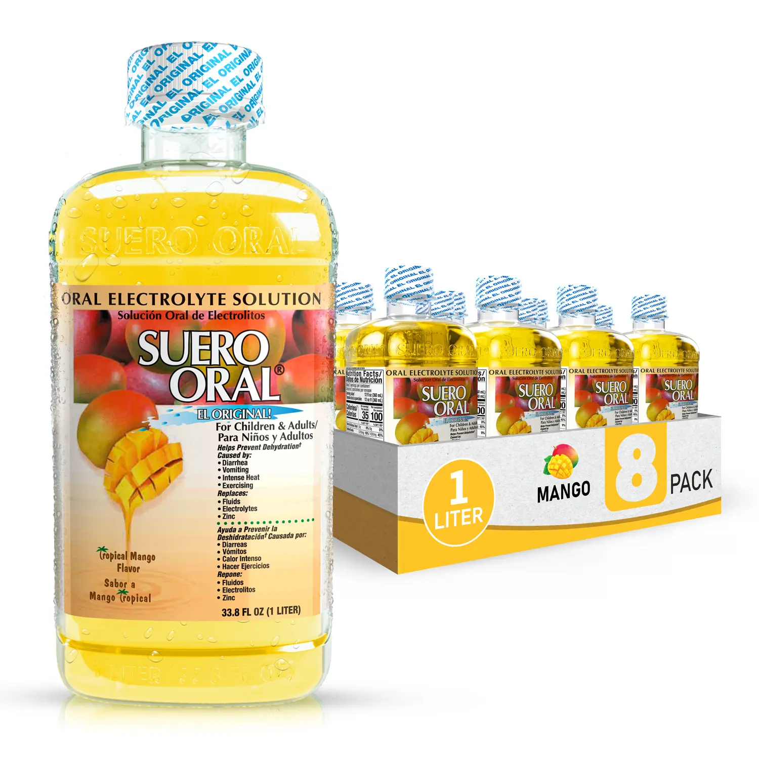 Suero Oral -Electrolyte Solution - Mango- 8 Pack - Electrolytes Drink, Hydration Booster & Rehydration Drink for Kids & Adults, Hydrates, Replenishes, Energizes, Mango Flavor, 1 Liter