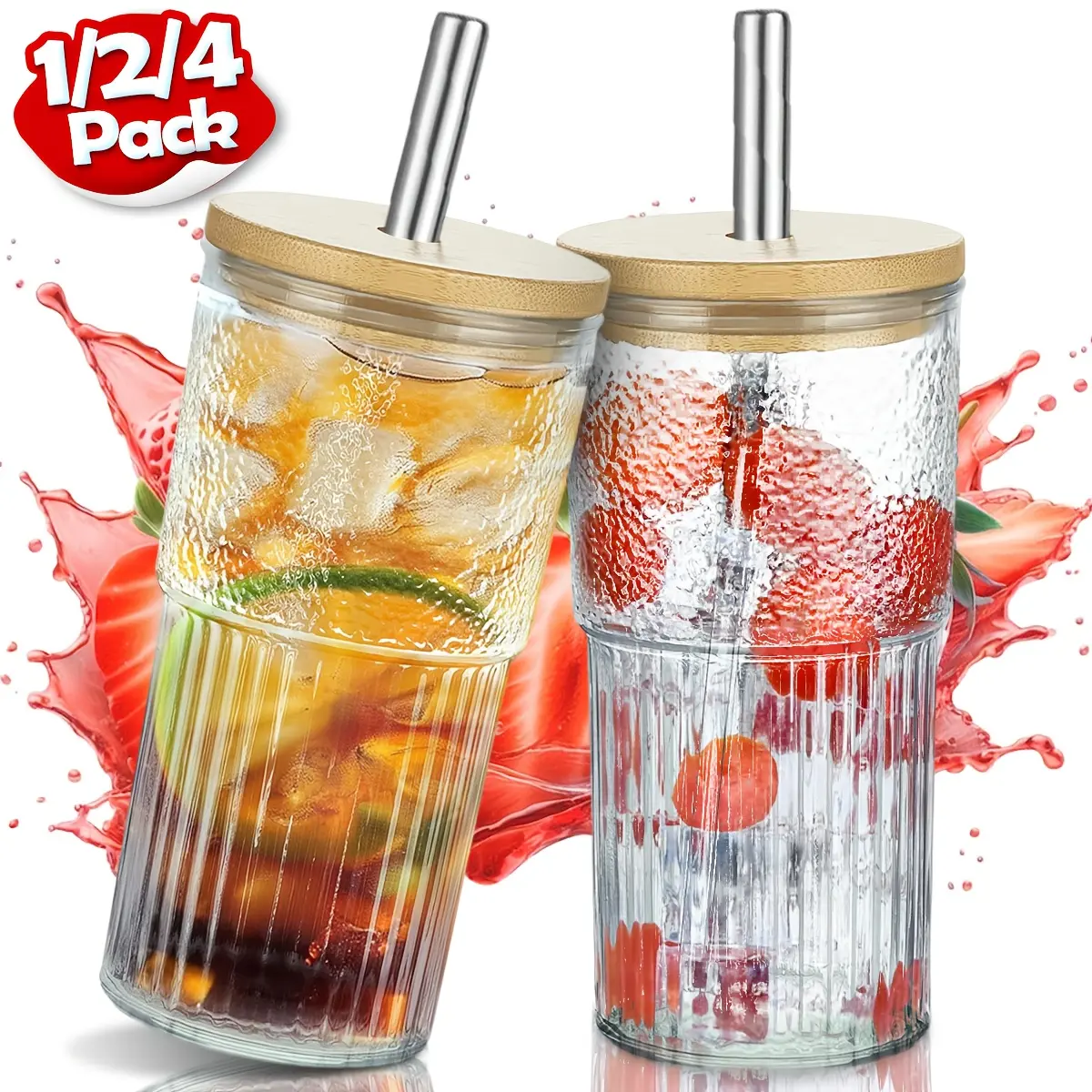 1/2/4 Pack 600ml/20oz Glass Cups with Wood Lids & Stainless Steel Straws, Ribbed Glass Coffee Cups, Aesthetic Iced Coffee Cups with Lid, Reusable Ribbed Glassware, Drinkware, Tumbler, Glasses Drinking Cups for Beverage, Matcha, Smoothie, Cocktail, Juice