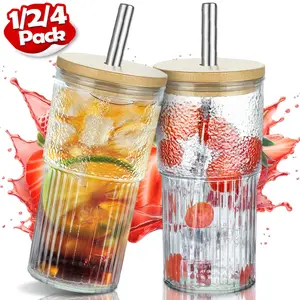 1/2/4 Pack 600ml/20oz Glass Cups with Wood Lids & Stainless Steel Straws, Ribbed Glass Coffee Cups, Aesthetic Iced Coffee Cups with Lid, Reusable Ribbed Glassware, Drinkware, Tumbler, Glasses Drinking Cups for Beverage, Matcha, Smoothie, Cocktail, Juice