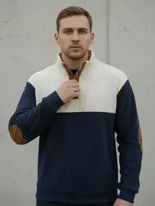 Men's Colorblock Patched Half Button Corduroy Knit Sweatshirt, Loose Casual Long Sleeve Stand Collar Pullover for Daily Outdoor Wear, Men top for All Seasons