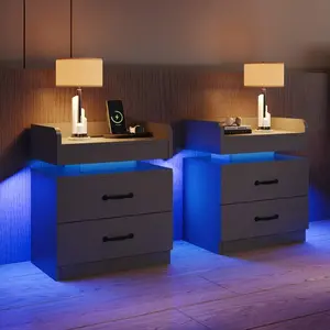 LED Nightstand Set Of 2 Modern 2 Drawers Bedside End Tables Black White Grey Bedroom Furniture