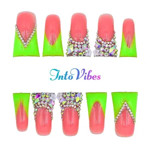 IntoVibes  Handmade MediumLong Ducktip Acrylic Press On Nails 10Piece Nude Green Red Contrasting Color Reusable Crystal Rhinestone Party Outfit St. Patrick’s Day Nails Fresh Green Nails easter summer