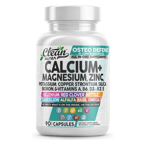 Clean Nutra Calcium Magnesium Zinc Supplement with Potassium, Copper, Strontium, Silica, Vitamin D3, K2, Boron, Vitamin B1 & Omega 3 for Bone Joint Immune Heart Capsules – Osteo Defend