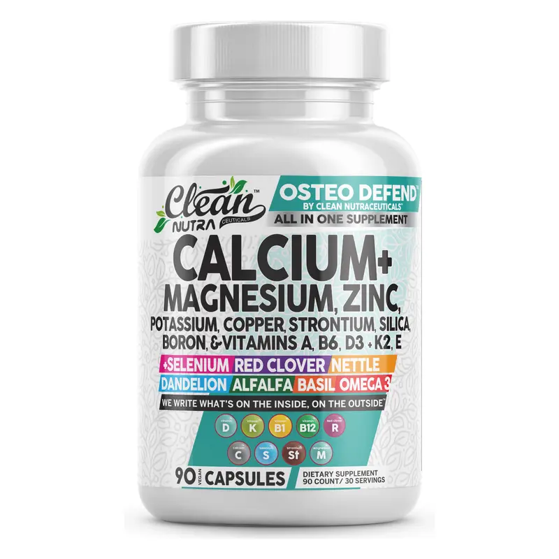 Clean Nutra Calcium Magnesium Zinc Supplement with Potassium, Copper, Strontium, Silica, Vitamin D3, K2, Boron, Vitamin B1 & Omega 3 for Bone Joint Immune Heart Capsules – Osteo Defend