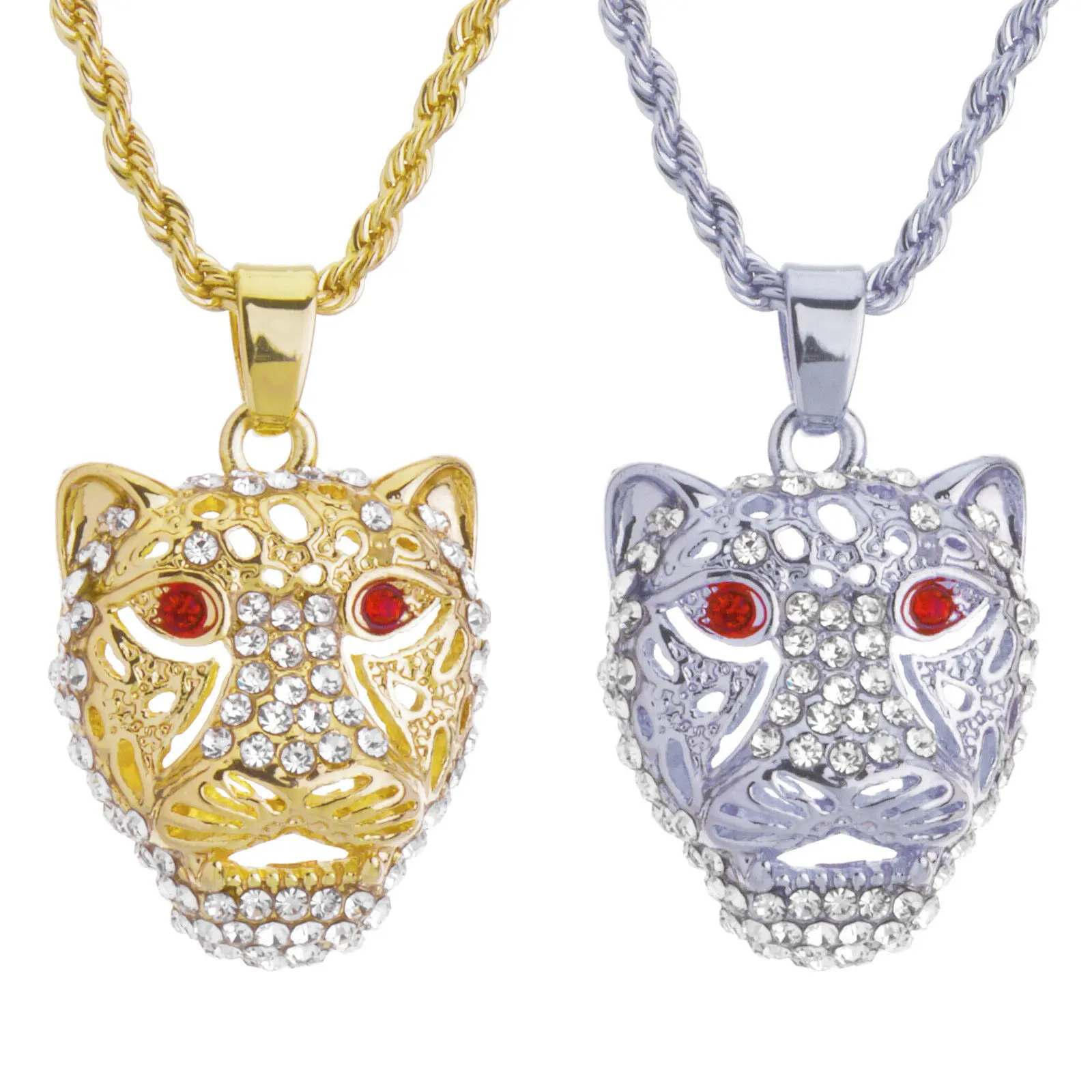 MaxBling81 Unisex Iced Bling Hip Hop Cheetah Head Mini Pendant Necklace - Gold-Silver Plated, 3mm 24-in Rope Chain, Daily Chain Jewelry Necklaces (HC-359), 23 Mm X 25 Mm, 24" Rope Chain