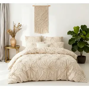 3pcs Bohemian Rhomboid Plaid Stereoscopic Flower Plain Colour Quilt Cover Set(1 Duvet Cover +2 Pillowcase Without Pillow Core),Checkered pattern,The Four Seasons Bedroom Decoration Soft Breathable,Suitable for hotel bedrooms and dormitories,