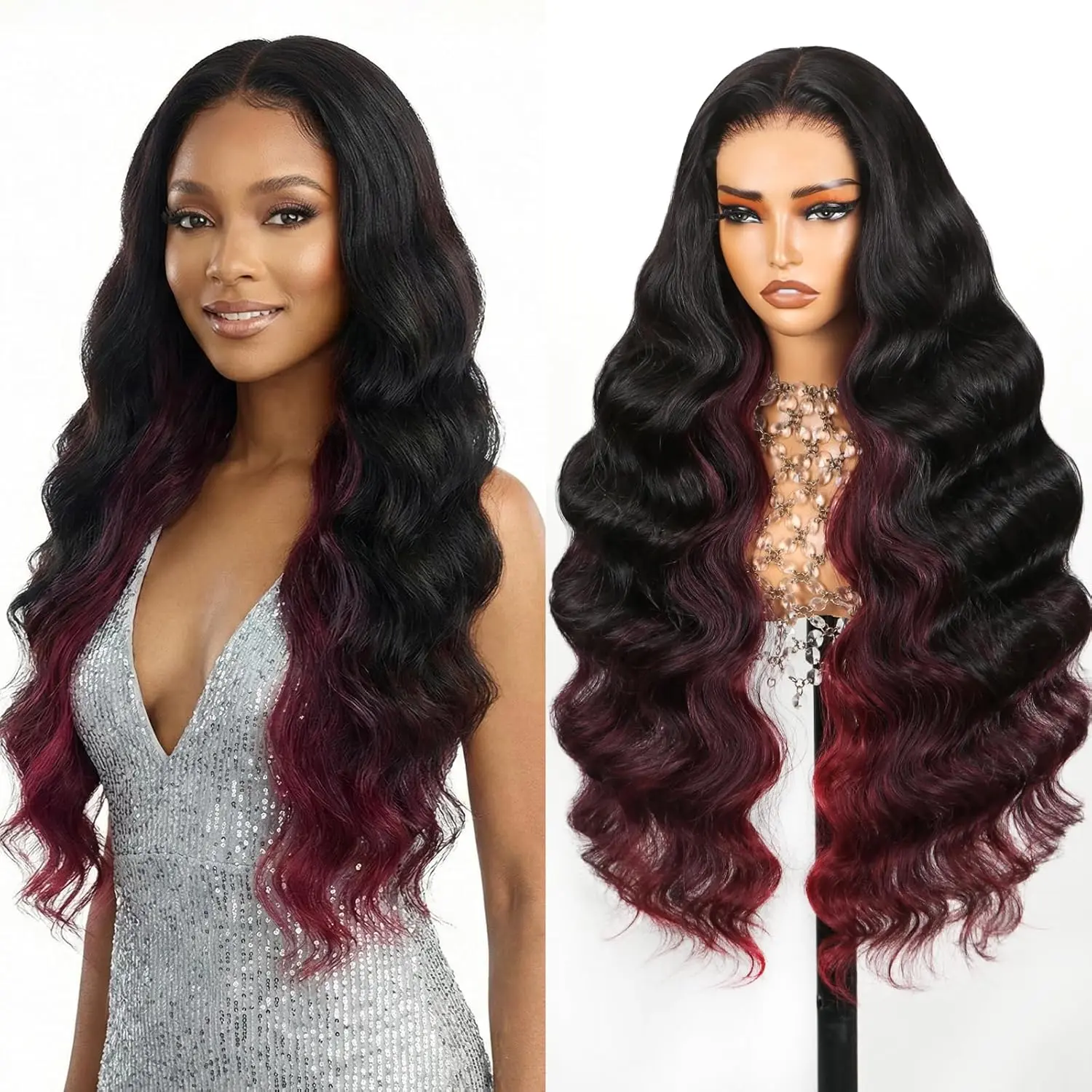 [30"=$67.99] Teslal Hair 1B/99J Highlight Burgundy Wear and Go Glueless Wig 220% Density Pre Cut HD Lace 6X6 TPart Lace Wigs Body Wave Premium Fiber and Human Hair Blend Wig #SummerVibes
