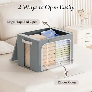 DELAMU 3Pack Stackable Storage Boxes with Steel Frame | Clear Window&Zippered Lid | Space-Saver for Apartment/Dorm/Closet | Must-Have Summer Organizer