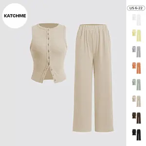 KatchMe Women's Leisure Solid Color Sleeveless Button-Up Slim Tank Top & Wide Leg Trousers Co-ord, Minimalist Cozy Two Piece Outfits（us）