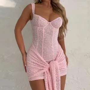 Sexy Lace Corset Mini Dress Ribbon Front Bandeau Slim Dress Women's 2025 Summer Beach Party Dating Casual Elegant Vacation Outfit Dress summerwins