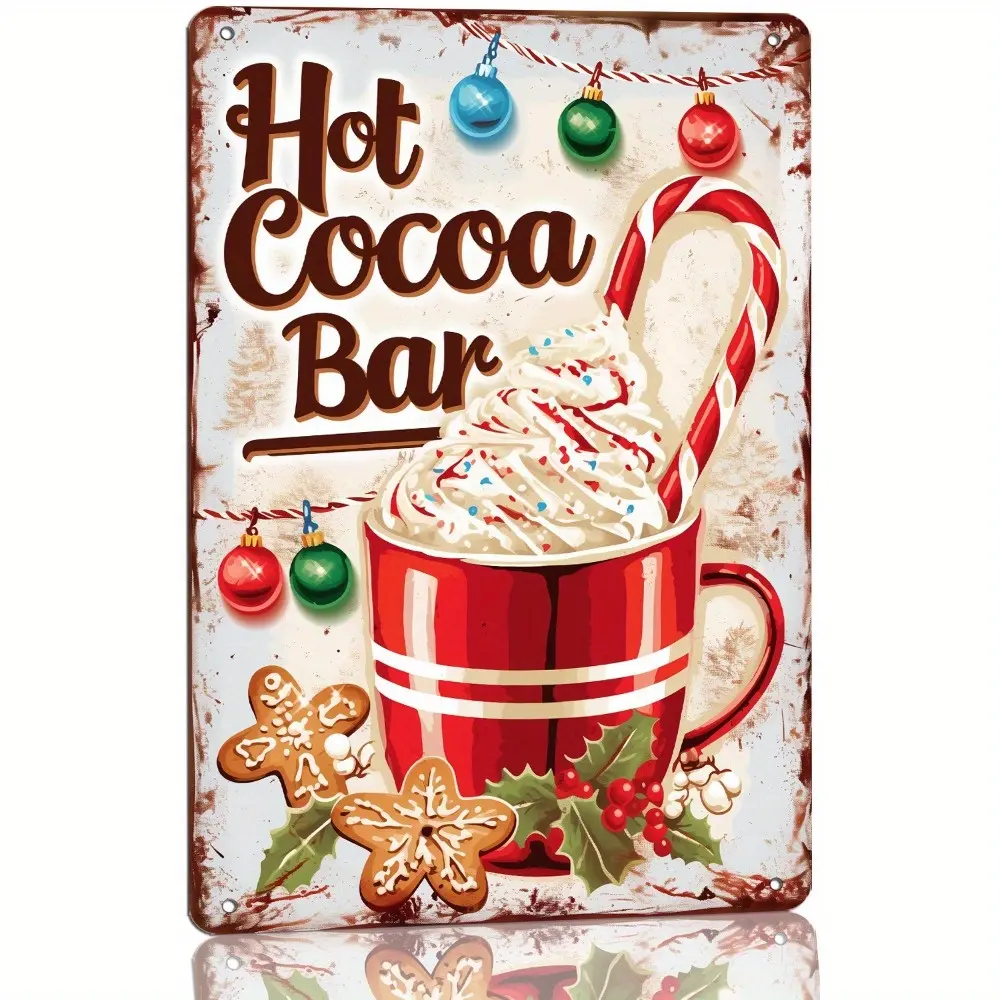 Christmas Hot Cocoa Bar Metal Tin Sign – Holiday-Themed Wall Decor for Kitchen, Cafe, Restaurant – Rustic Farmhouse Style, Easy to Hang, Safe Rounded Corners, Indoor/Outdoor Use – 8x12 inches – For Holiday Home Decor EnthusiastsPerfect Gift for Christmas