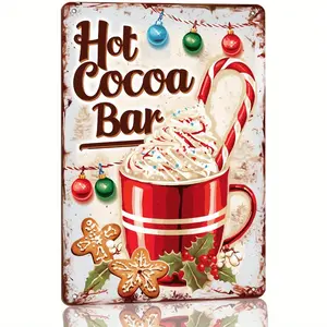 Christmas Hot Cocoa Bar Metal Tin Sign – Holiday-Themed Wall Decor for Kitchen, Cafe, Restaurant – Rustic Farmhouse Style, Easy to Hang, Safe Rounded Corners, Indoor/Outdoor Use – 8x12 inches – For Holiday Home Decor EnthusiastsPerfect Gift for Christmas