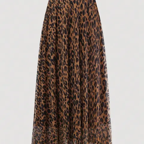 Plus Size Women's Leopard Print Elastic-Waist Chiffon Maxi Skirt, Casual Fashion Clothing for Spring & Fall Dating