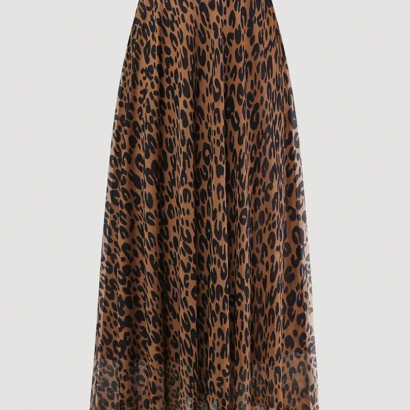 Plus Size Women's Leopard Print Elastic-Waist Chiffon Maxi Skirt, Casual Fashion Clothing for Spring & Fall Dating