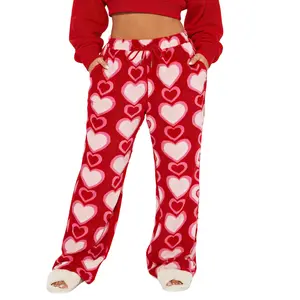 Valentine's Day Pants for Women Y2k Heart Flannel Pajama Pants Fuzzy Wide Leg Drawstring Waist Lounge Bottom Sleepwear