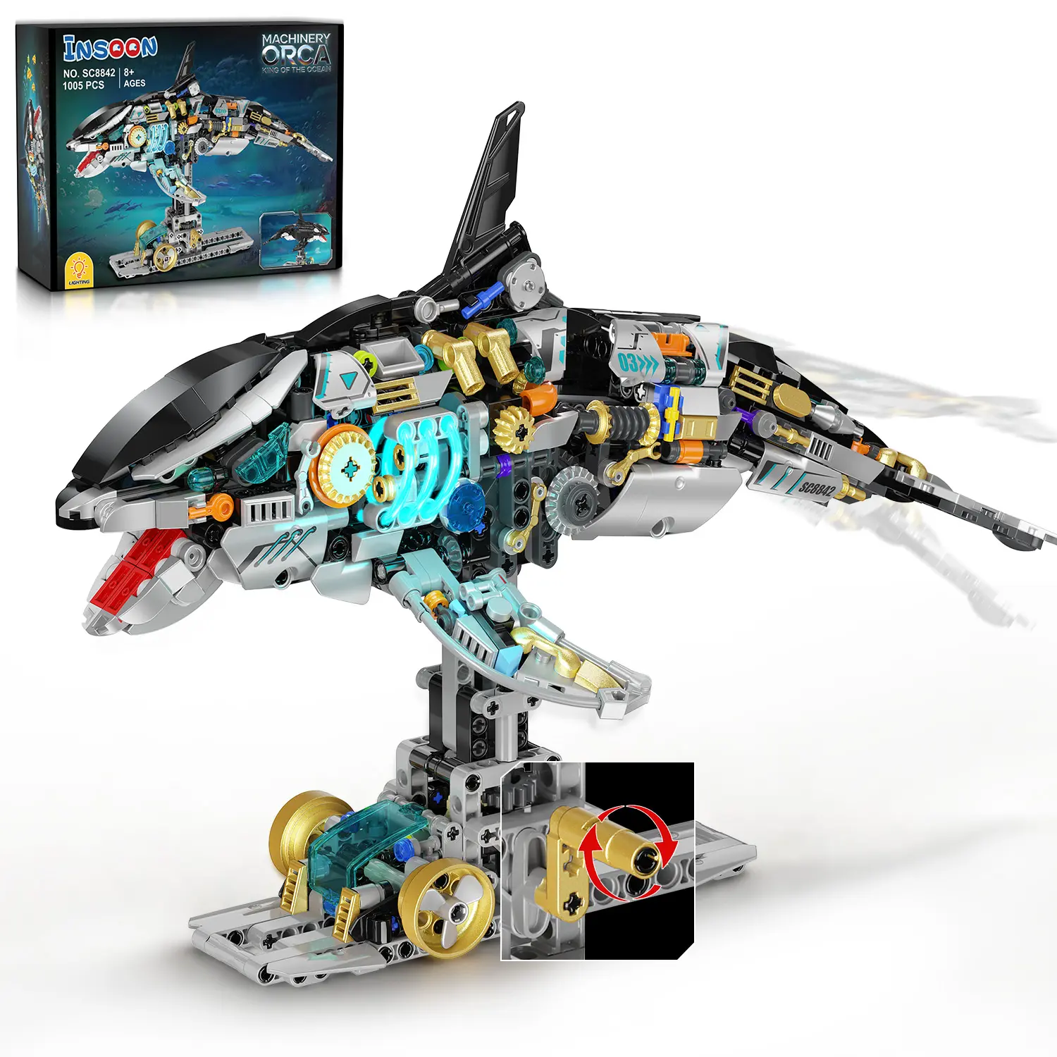 INSOON Mechanical Orca Building Set STEM Toy with LED Light for Boys 12+ | Interactive Whale Building Block with Crank Mechanism, Ocean Animal Model Christmas Birthday Gift for Teens Adults(1005 PCS)