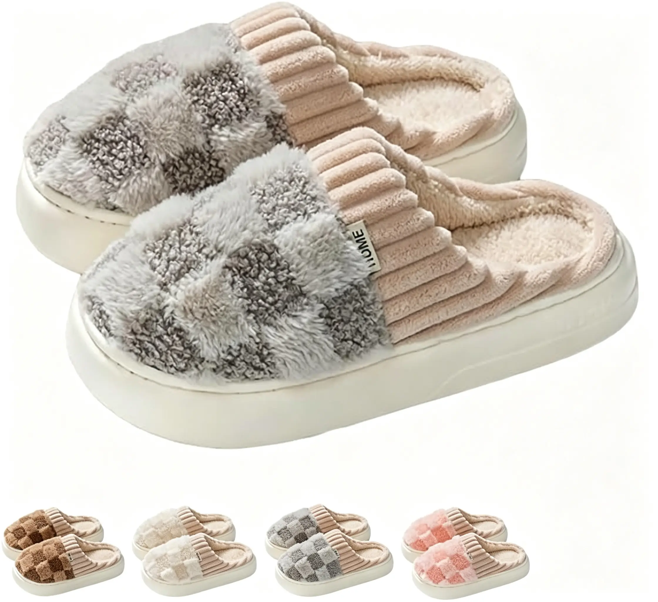 Cotton Slippers for Women Plaid Cuff Design Warm Fuzzy Fleece Non-Slip Soles Cute Walking Shoes Indoor Outdoor