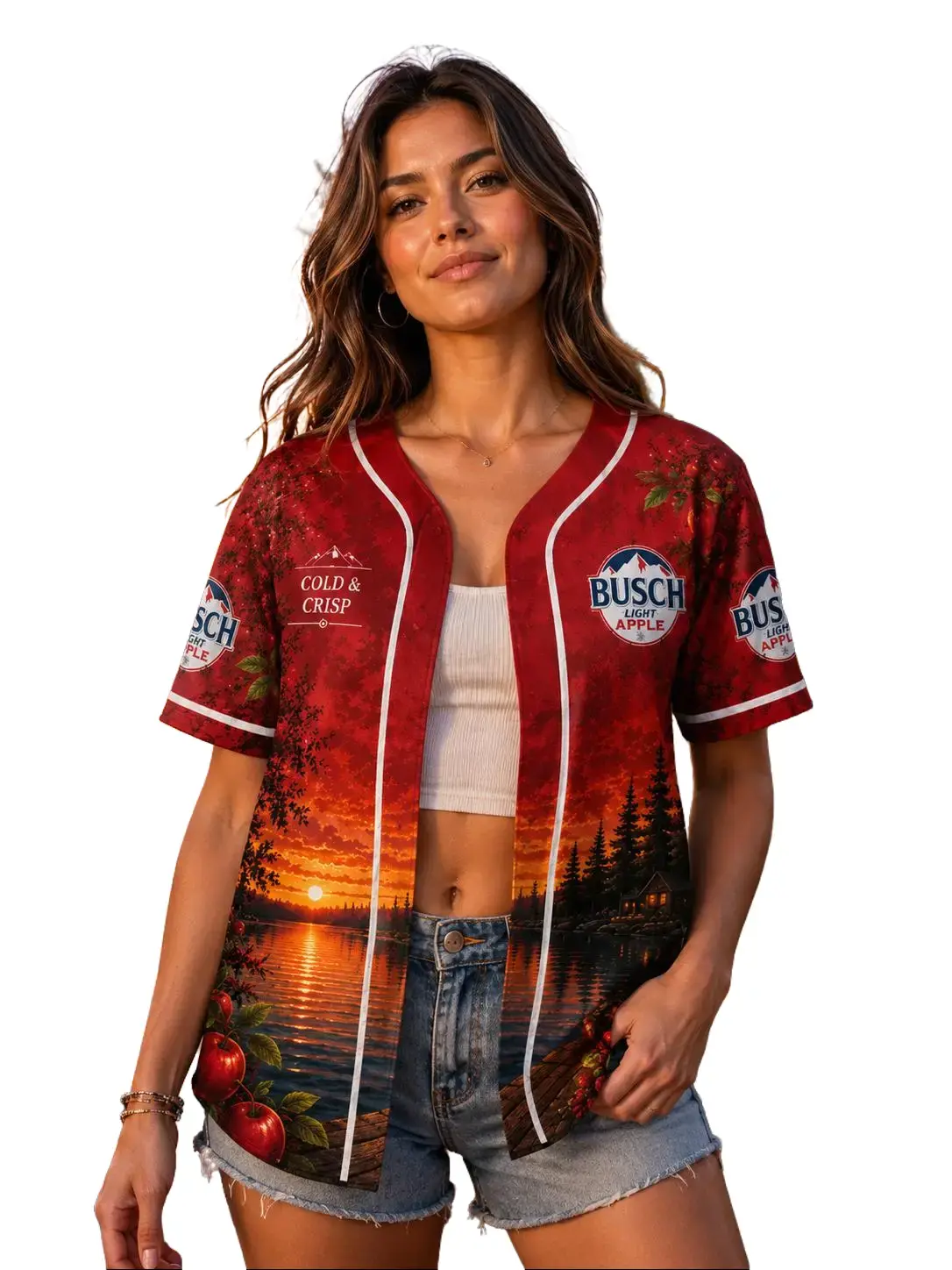 Busch Bapple Light Sunset Lake Baseball Jersey Graphic Shirt Beer Lover Summer Oversized Streetwear Hip Hop Concert Outfit Black Unisex Button-Up Retro Tour Style Y2K TikTok Fashion Trend