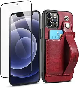 Phone Cases for iPhone 12 Case Wallet, iPhone 12 Pro Wallet Case with Card Holder, Leather Kickstand Card Slot Case with Screen Protector, Wrist Hand Strap Protective Cover for iPhone 12/12 Pro