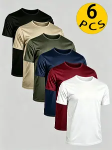 6-Pack Solid Short Sleeve T-Shirts, Summer Casual Sporty Style, Athletic Activewear, Unisex, Breathable Quick-Dry Round Neck, Running Workout Tops