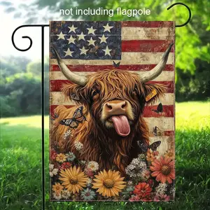 2D Plan - Highland Cow Garden Flag, featuring patriotic American flag design with floral and butterfly details, perfect for Valentine's Day, Easter, and Autumn Harvest decorations, cow themed decoration 12x18 inches