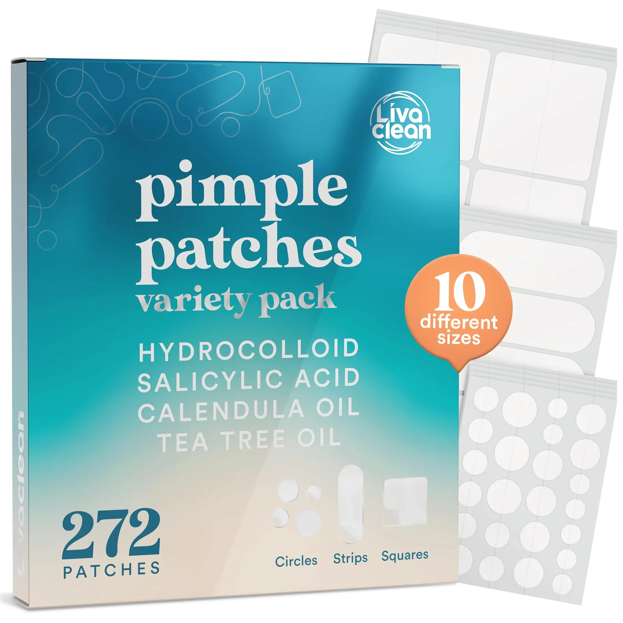 LivaClean 272 CT Pimple Patches Variety Pack w/ Tea Tree Oil, Salicylic Acid & Calendula Oil - Large Blemish Patches for Face Acne Patches Large, Hydr