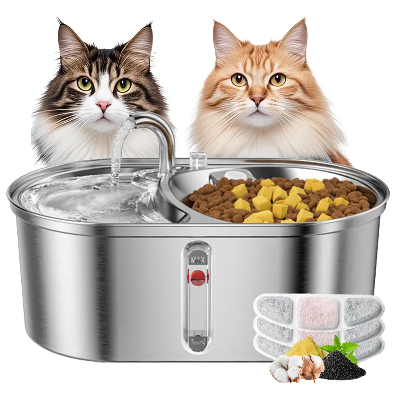 NPET 3L 2-in-1 Pet Feeder Water Fountain, Stainless Steel Food Water Dispenser with Water Level Marker for Cats Dogs Multi Pets, Ideal Holiday Gift