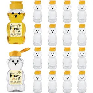 18 Pack Plastic Bear Honey Bottle Jars, Empty 5 Fluid Oz Honey Squeeze Container with Flip-lid,  Mini Bear Shaped Juice Bottles for Party (150 ml)