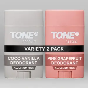 TONE Aluminum Free Deodorant for Men & Women, 2-Pack Variety, 2.65 oz, Coconut & Citrus, Paraben Free Formula with up to 48-Hour Odor Protection, Dermatologist-Tested