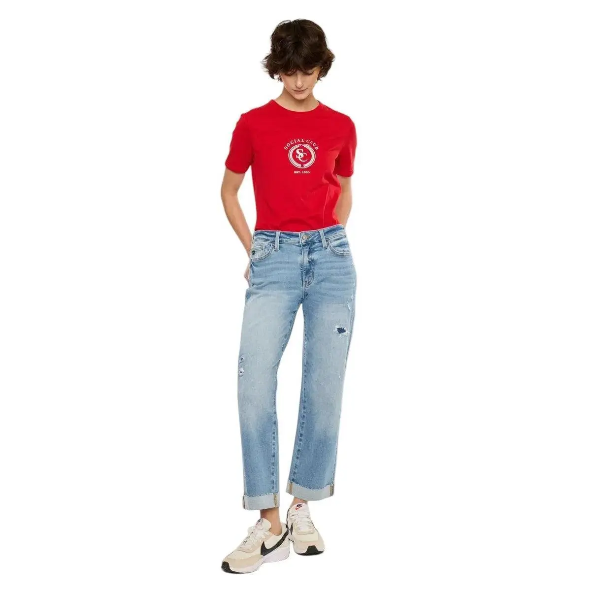 Kancan Women's Mid Rise Cuffed Crop Straight Leg Denim Spandex Jeans - Streetwear, Casual, 26.5" Inseam Everyday Basic Bottoms - KC20125M