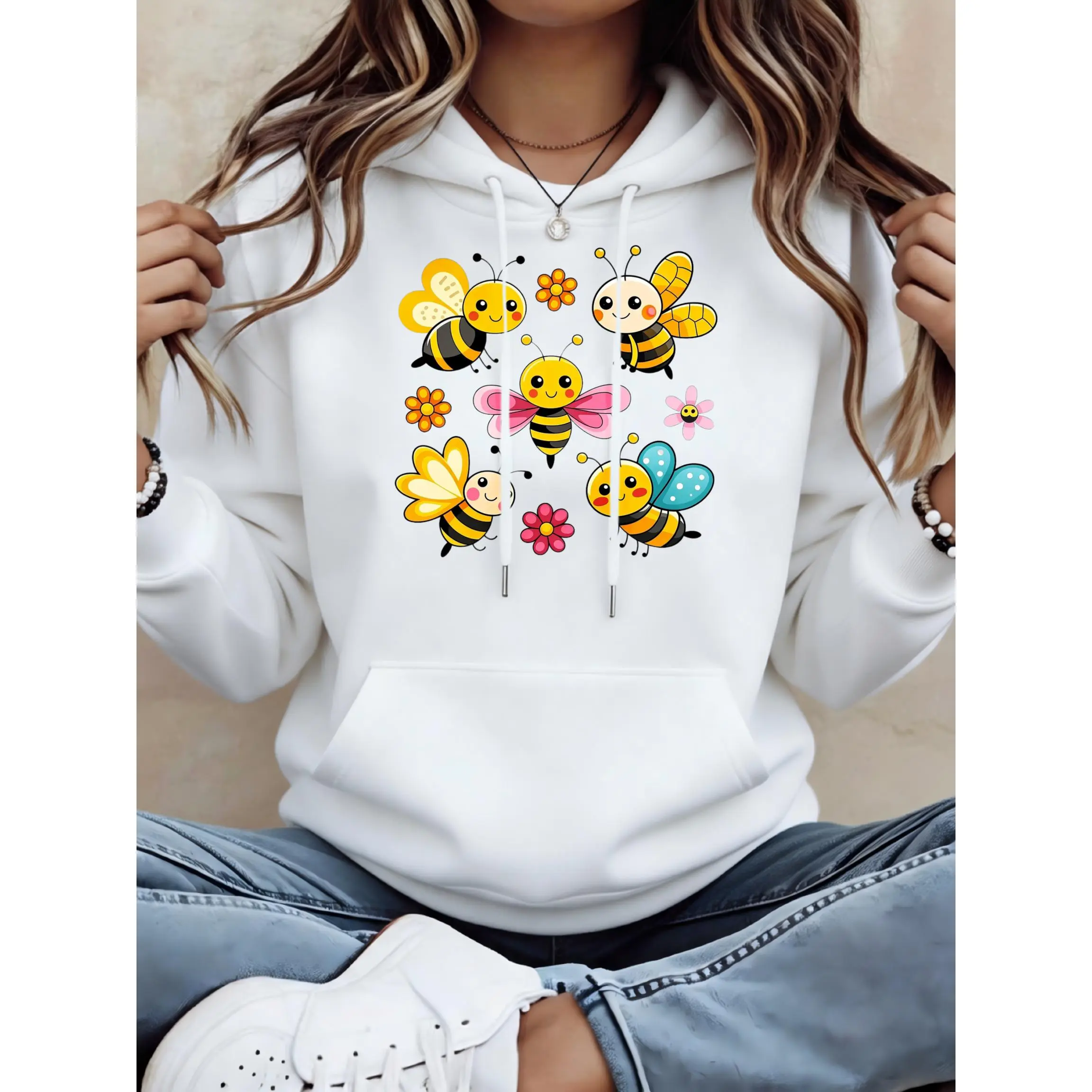 Women's Cute Bees And Flowers Print Unisex Oversized Hoodie | Soft Breathable Cotton Blend Pullover | Trendy Cozy Loungewear & Streetwear For Daily, Gym, Travel & Fall Vibes