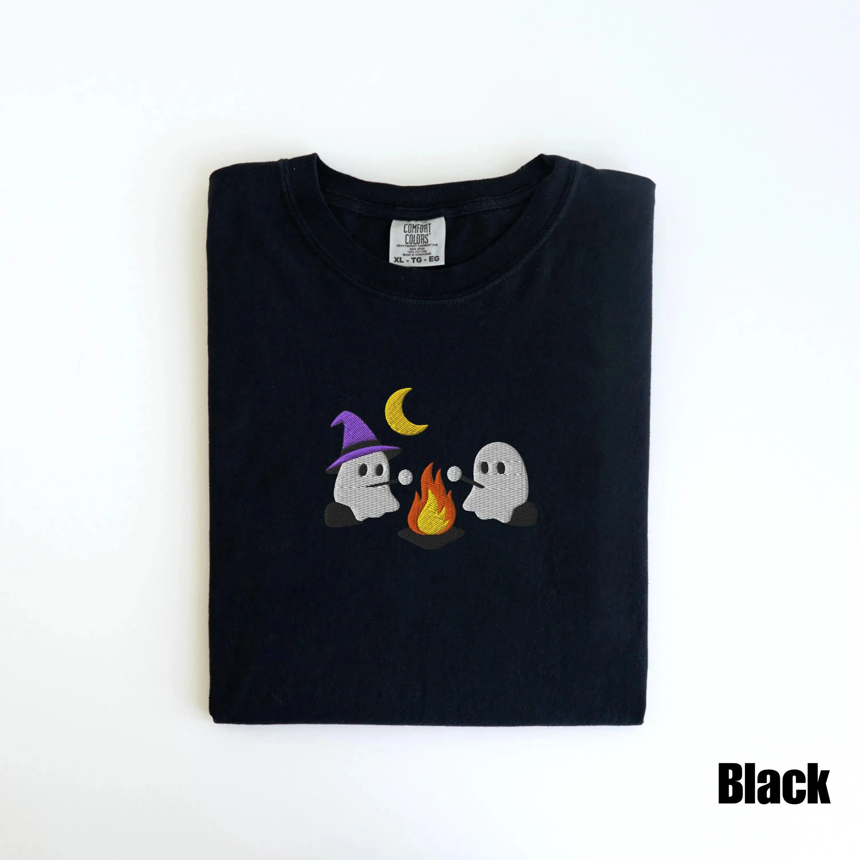 [MADE IN US]Cute Ghost Witch Camping Embroidered Comfort Colors® Tee, Summerween, Spooky Season Outdoors Gift, Halloween Vintage Embroidery Tshirt