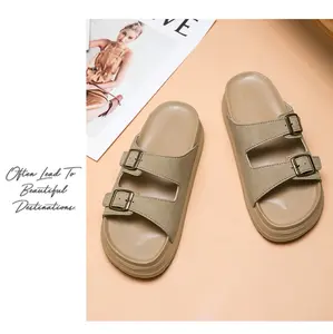 Women's Adjustable Double Buckle Cork Slides, Non-Slip Durable Flat Slippers, Comfortable Thick-Sole Casual Shoes for All-Day Wear