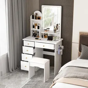 Vanity Set With Mirror, Makeup Vanity Dressing Table With 5 Drawers, Shelves, Dresser Desk & Cushioned Stool Set, WhiteWZBN