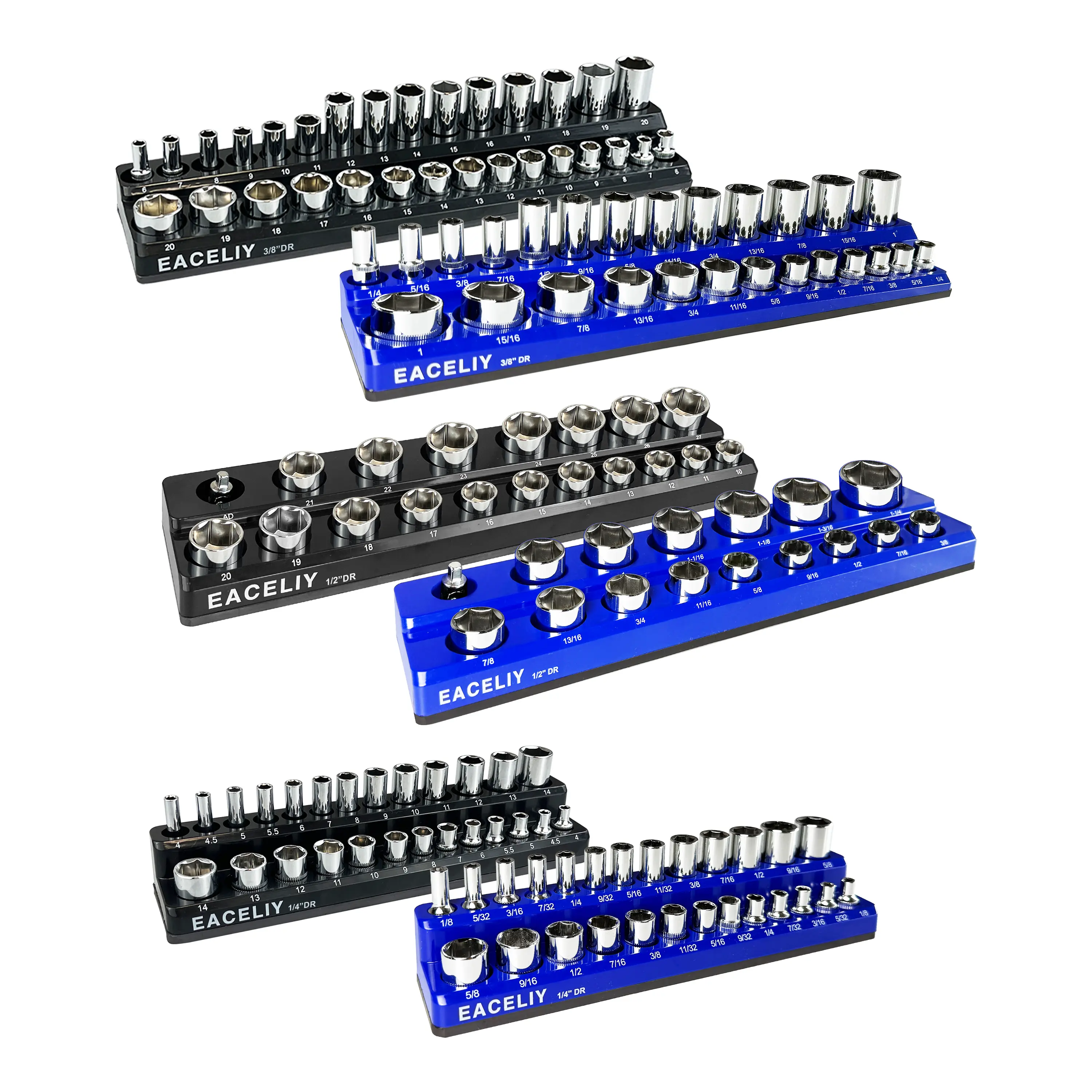 EACELIY Magnetic Socket Organizer Set, 6-Piece Socket Holder Set Includes 1/4", 3/8", 1/2" Drive Metric SAE Socket Trays, Holds 143 Pieces Sockets, Christmas Gift for Men holder organizer