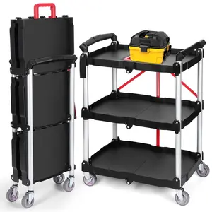 GARVEE Heavy Duty Folding Service Cart with 176 LBS Capacity, 360° Swivel Wheels, Ergonomic Red Handle, Foldable Utility Cart for Office, Garage, Home, Kitchen Storage, and Tool Transport
