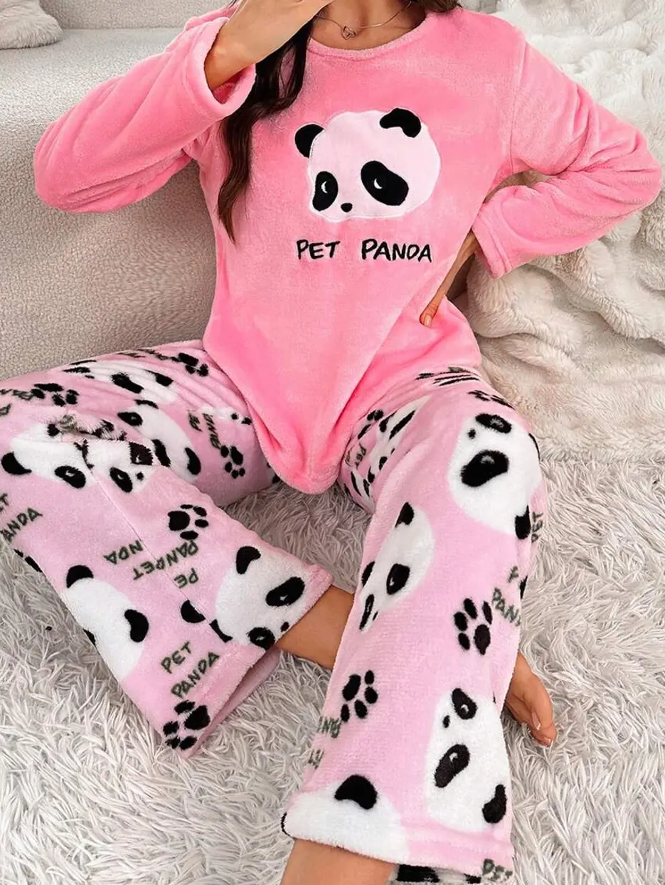 Women's 2-Piece Long Sleeve Panda Print Pajama Set in Pink