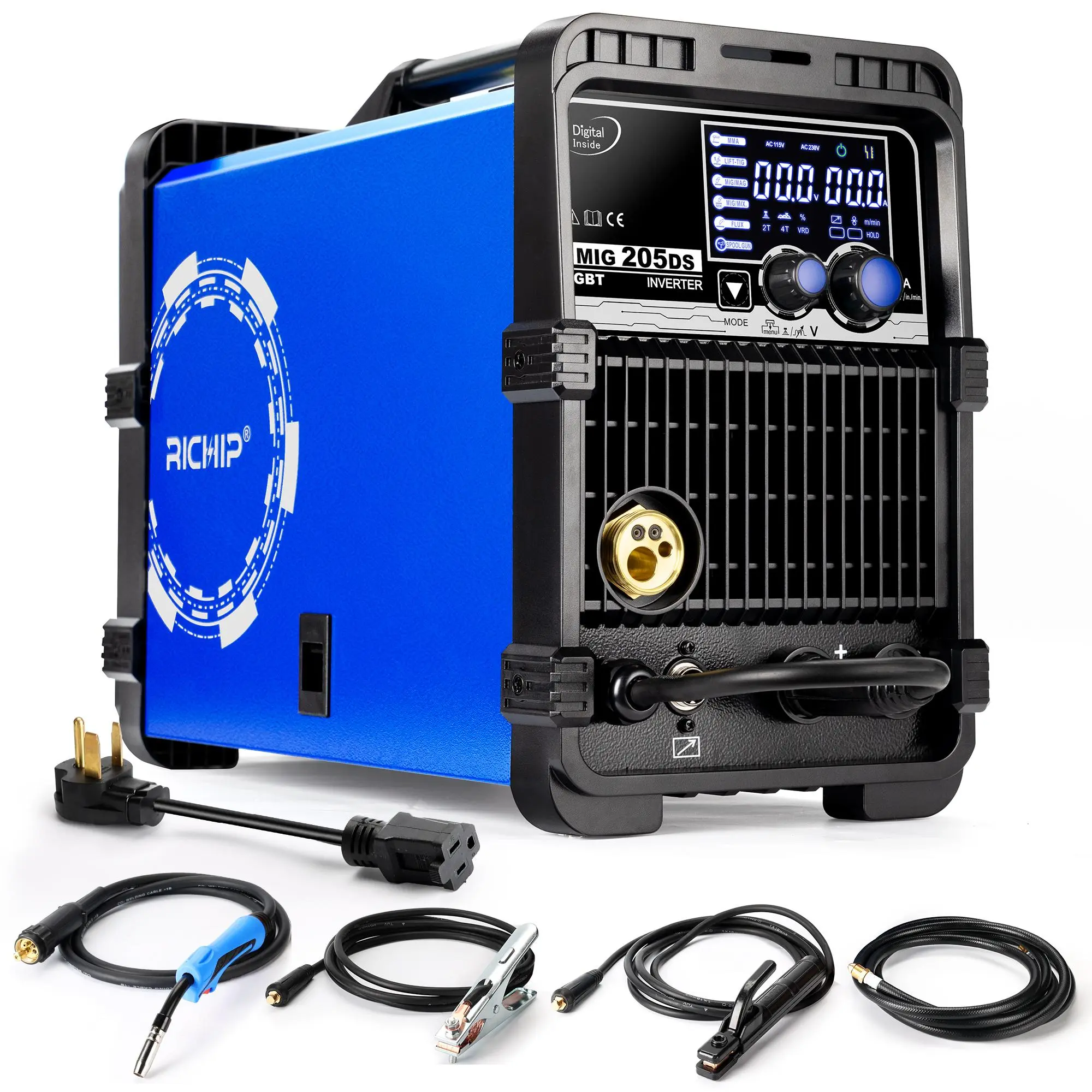 Welding Machines MIG205DS 110V/220V Gasless Flux Core MIG Stick Welding Multi-Process MIG Gasless Welder Tool with 6 in 1 Functionality Heavy Duty handheld welding machine multiprocess welder Power Industrial Metal Handle