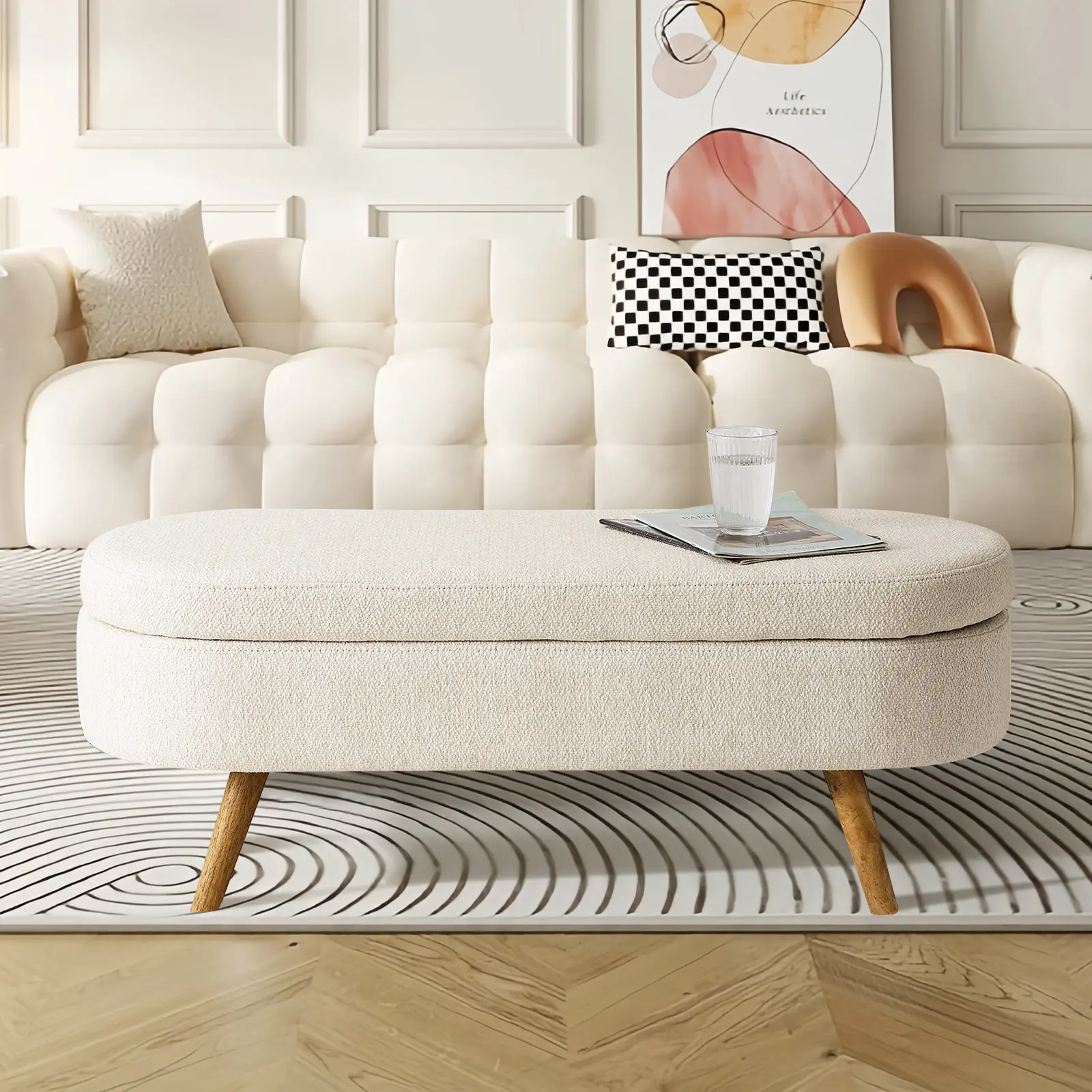 Ottoman with Storage, Storage Ottoman Chenille Bench with Wood Legs, Linen Upholstered Seat box for Bedroom,Living Room