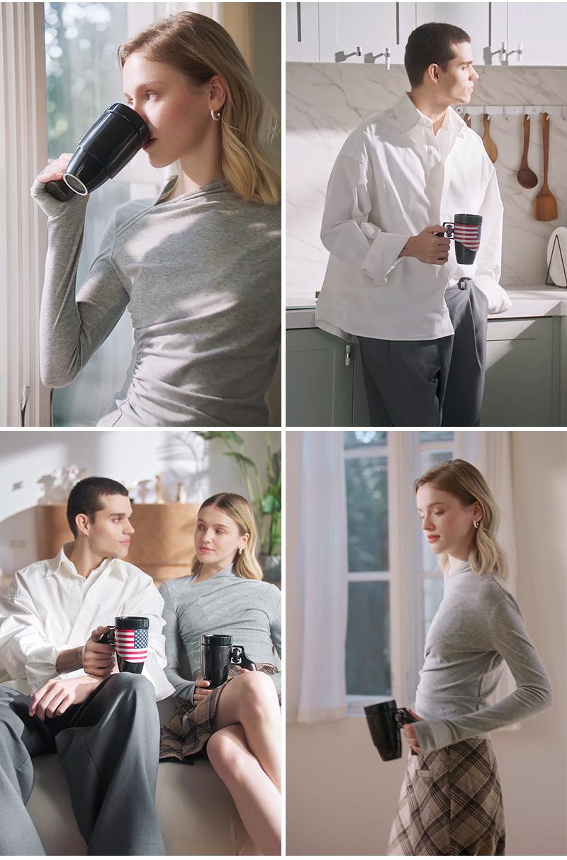 Pukomc   Black Cool Revolver Ceramic Mug with Wooden Handle - 16 oz Flag Design, Reusable Coffee, Tea & Water Cup, Washable Tumbler Ergonomic